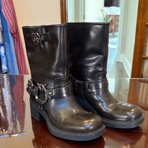 Pinko Black Leather Mid-Calf Harness Boots